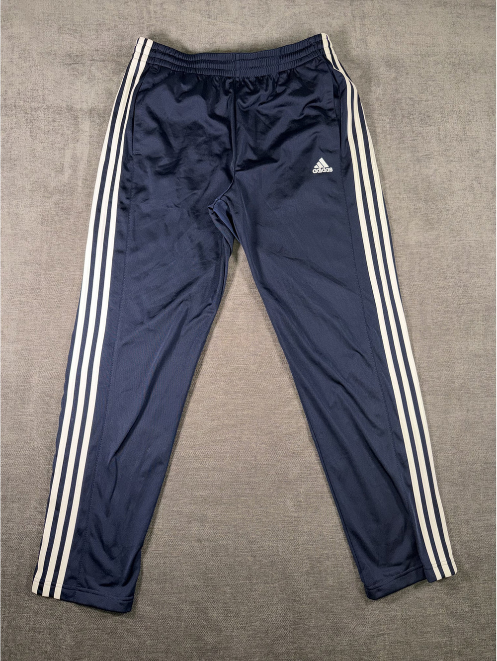 Adidas Men's Navy Blue Track Pants with White Stripes, Size Large